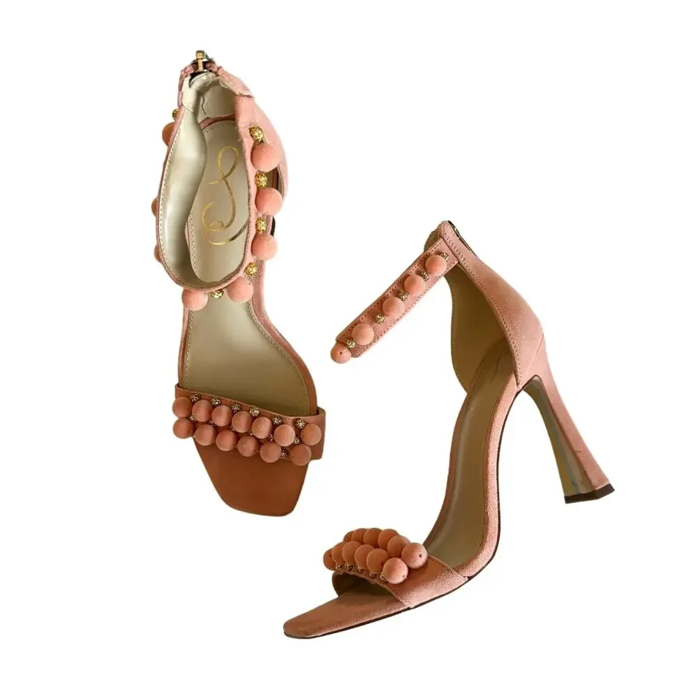 Sam Edelman Women’s Luella Pink Pom Pom Heels Beaded Dress Sandals Size 7.5